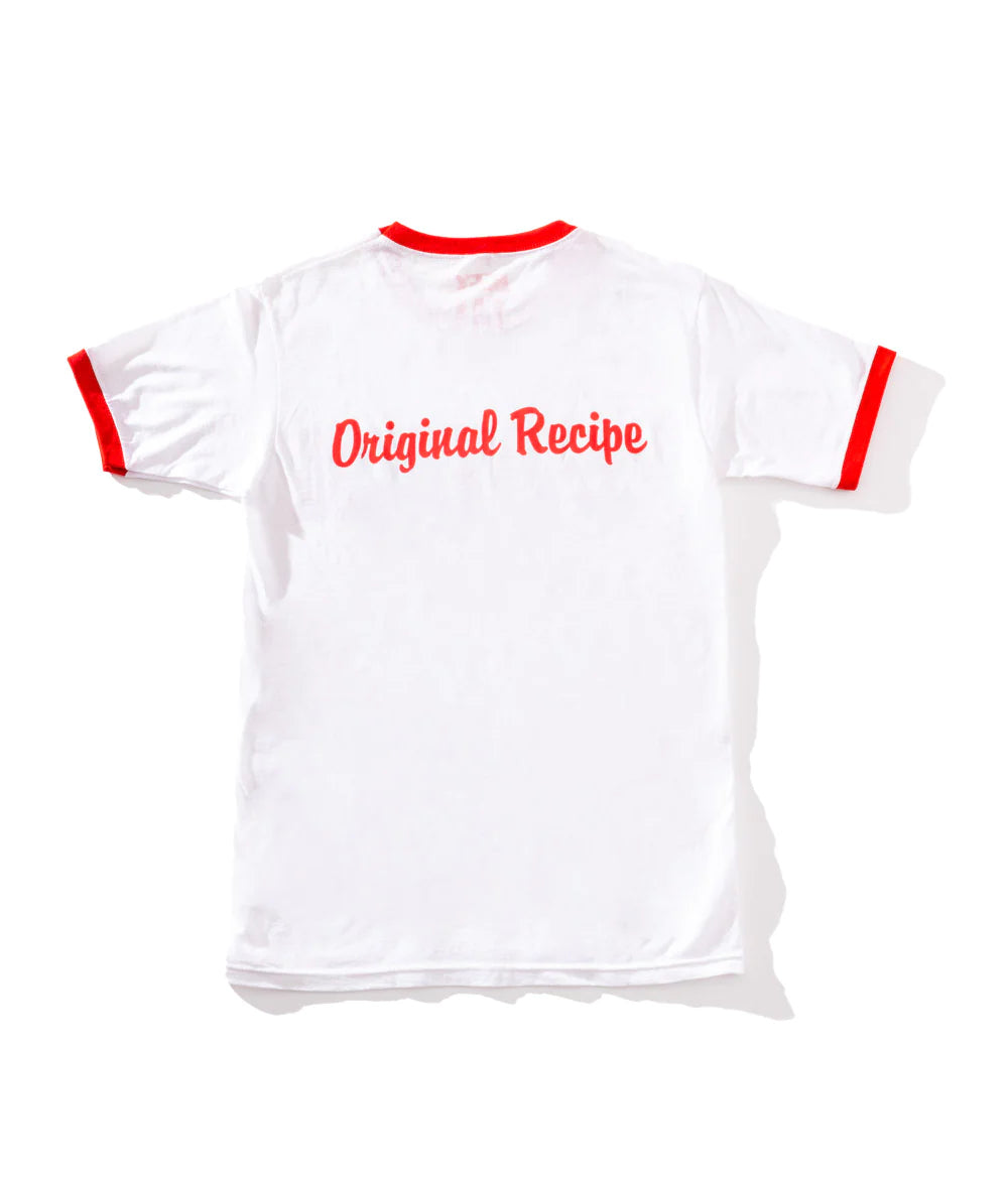 white t shirt with red trim and original recipe slogan in red
