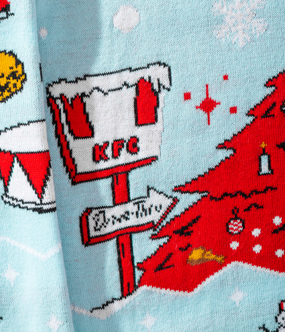 close up of festive teal KFC christmas hoodie patterns