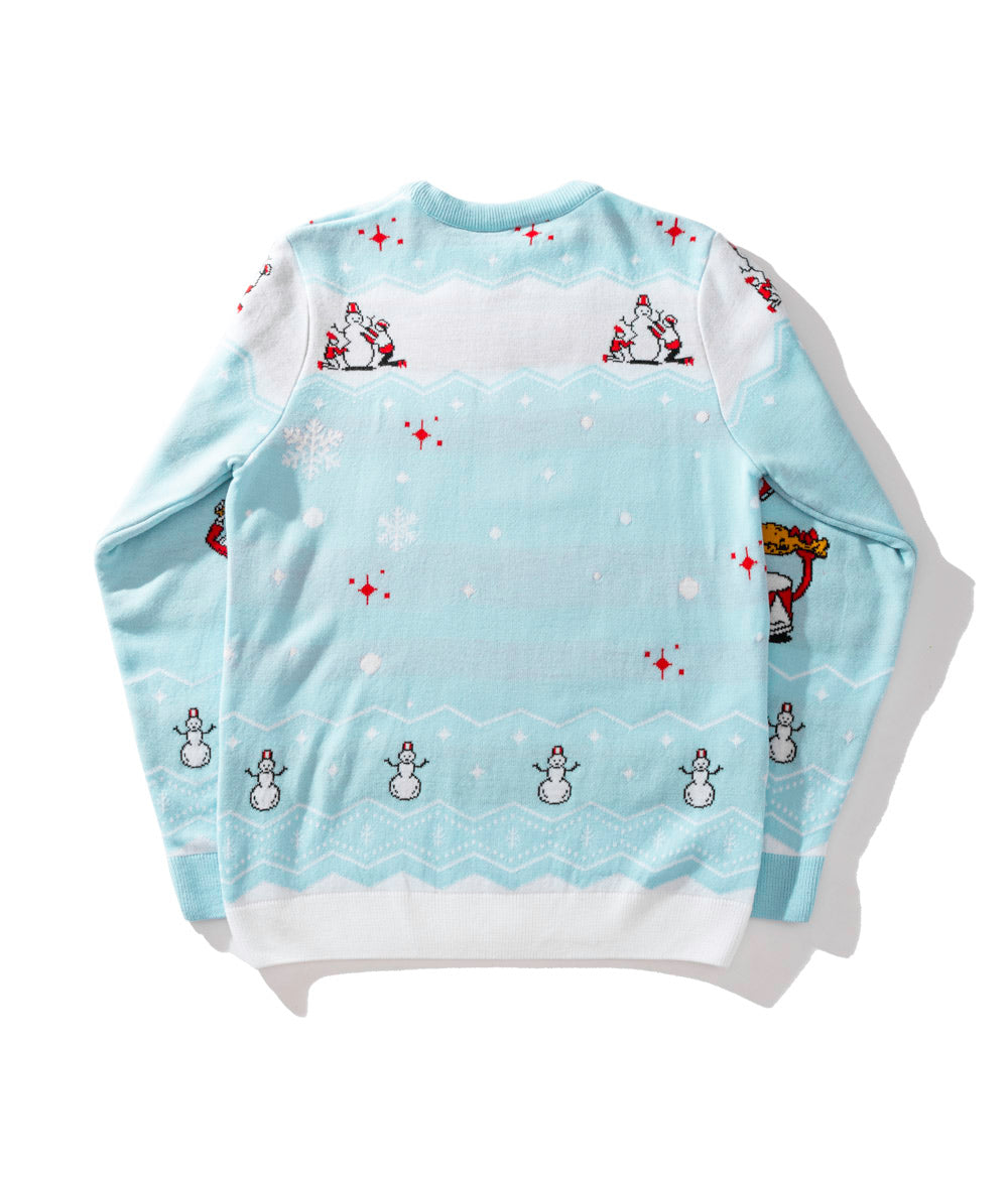 festive teal KFC christmas jumper with snowmen pattern