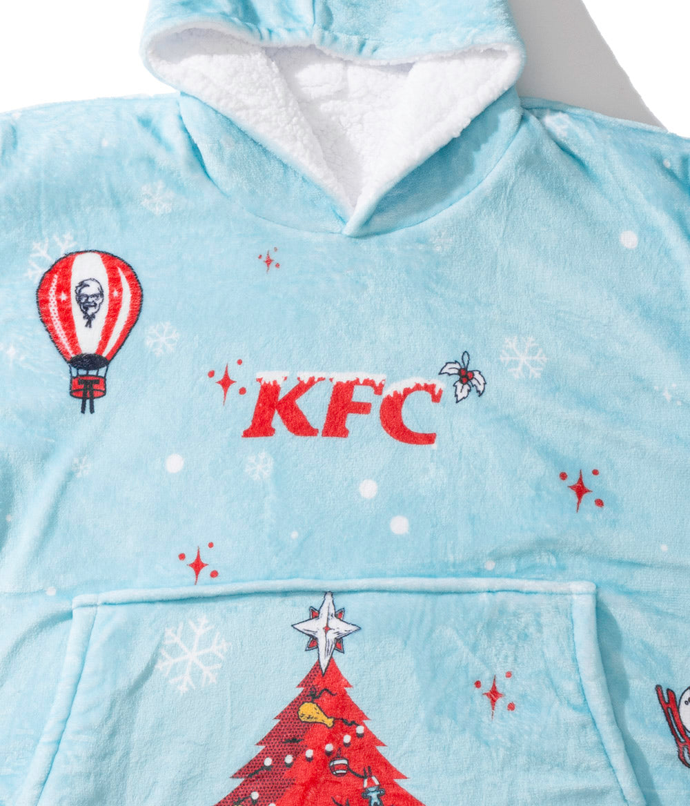 close up of neck on the festive teal KFC christmas hoodie