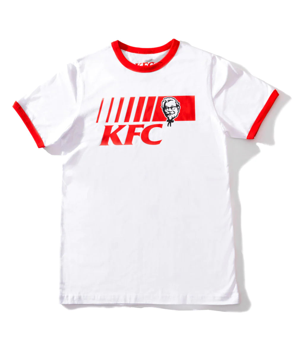 white t shirt with red KFC logo, neck and sleeves trim