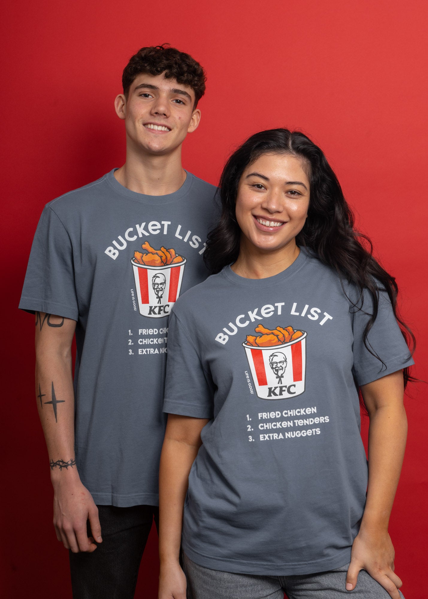models wearing KFC x bucket list grey t shirts