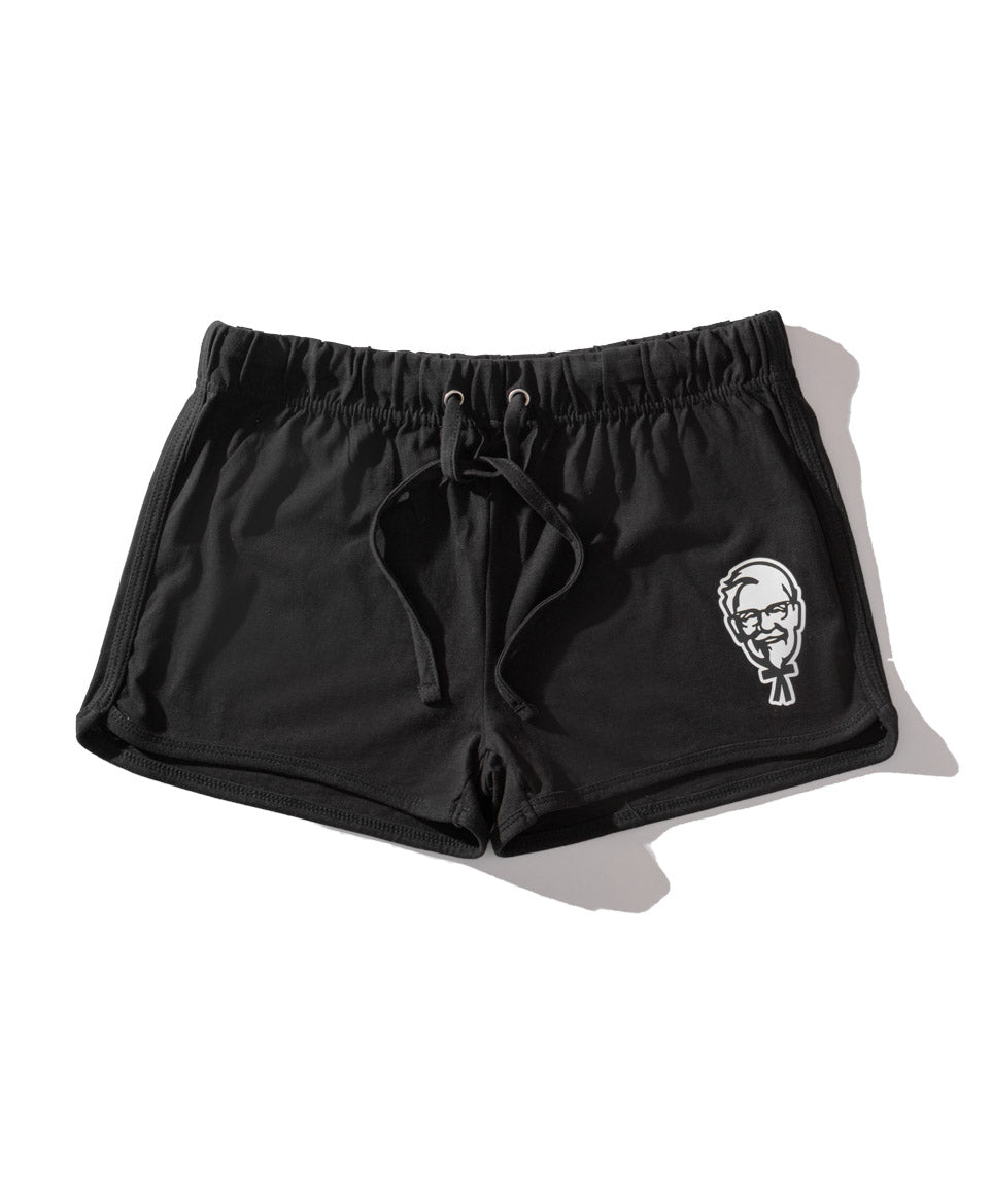 white colonel sanders logo on corner of KFC black cotton shorts