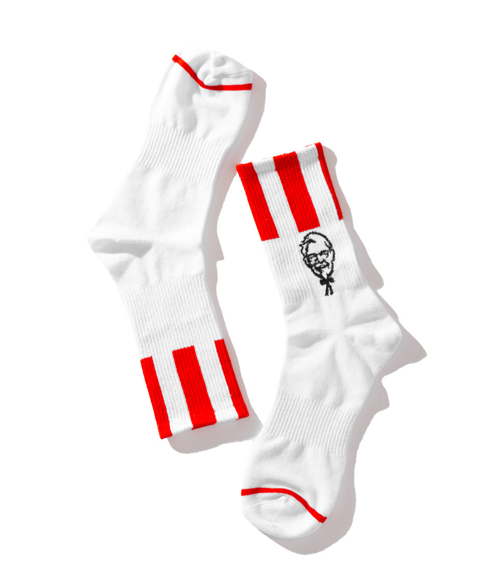 white KFC colonel sanders socks with red and wite striped trim