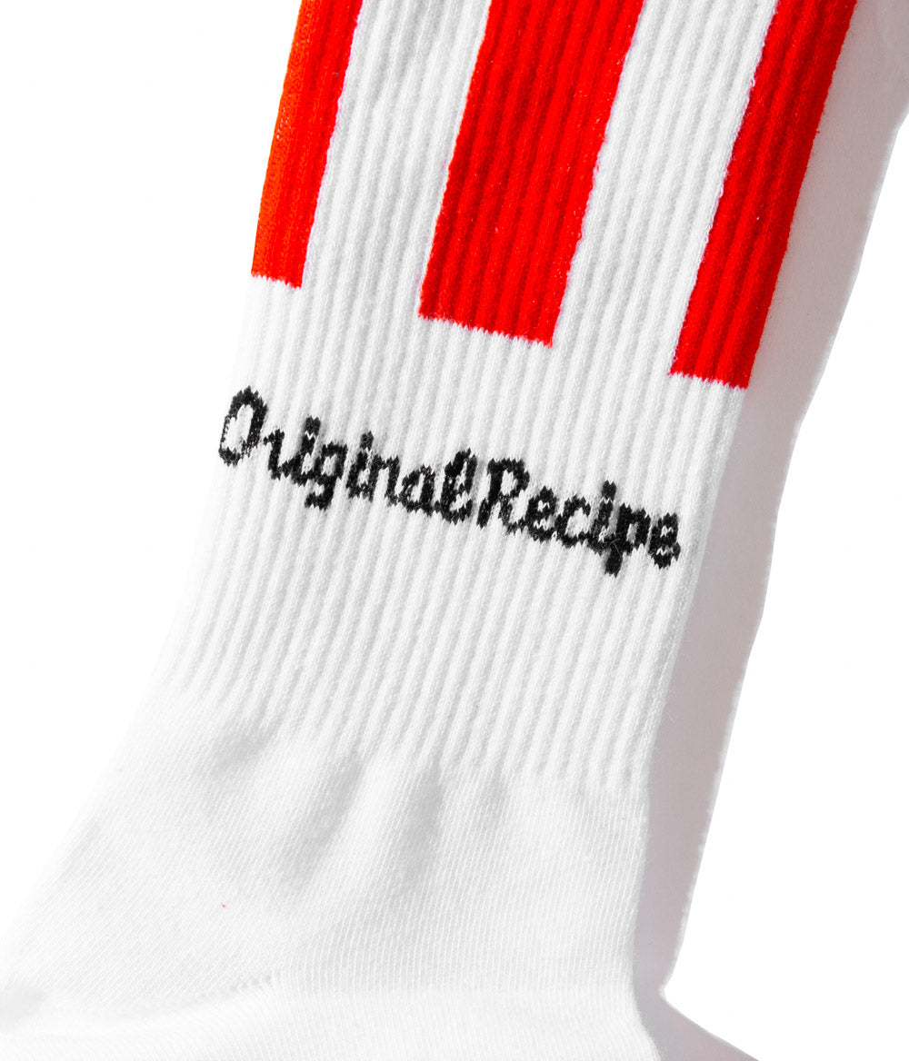 white KFC original recipe socks with red and wite striped trim
