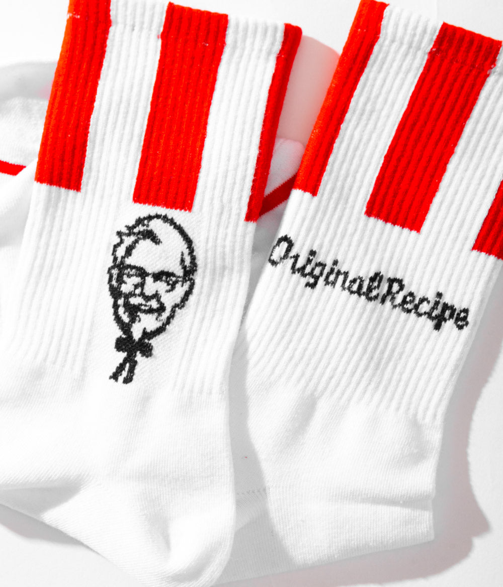 white KFC colonel sanders socks with red and wite striped trim