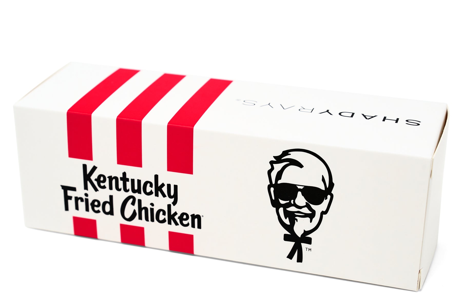 white cardboard KFC packagaing box with Shady Rays logo 