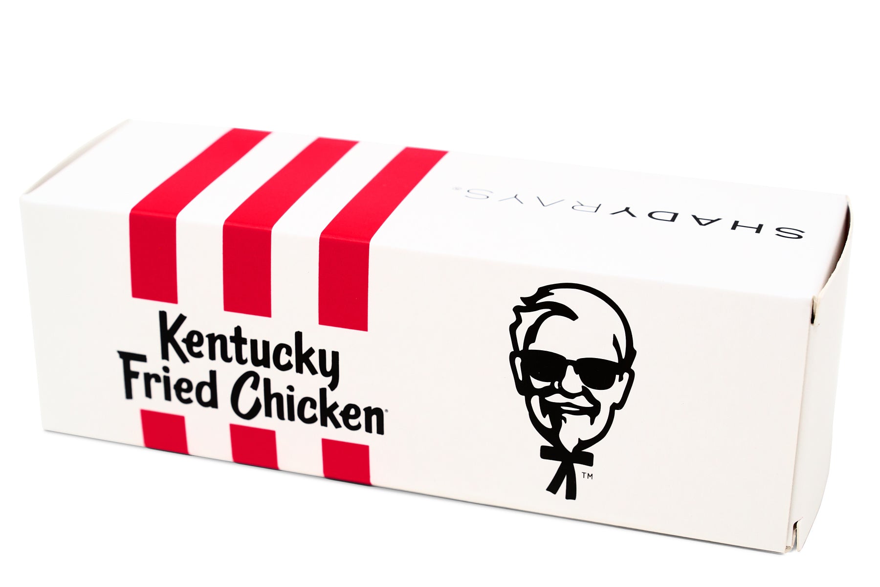 white cardboard KFC packagaing box with Shady Rays logo 