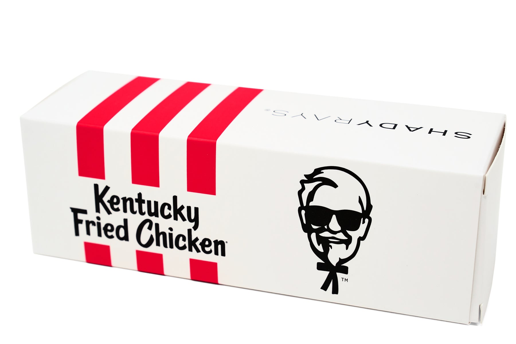 white cardboard KFC packagaing box with Shady Rays logo 