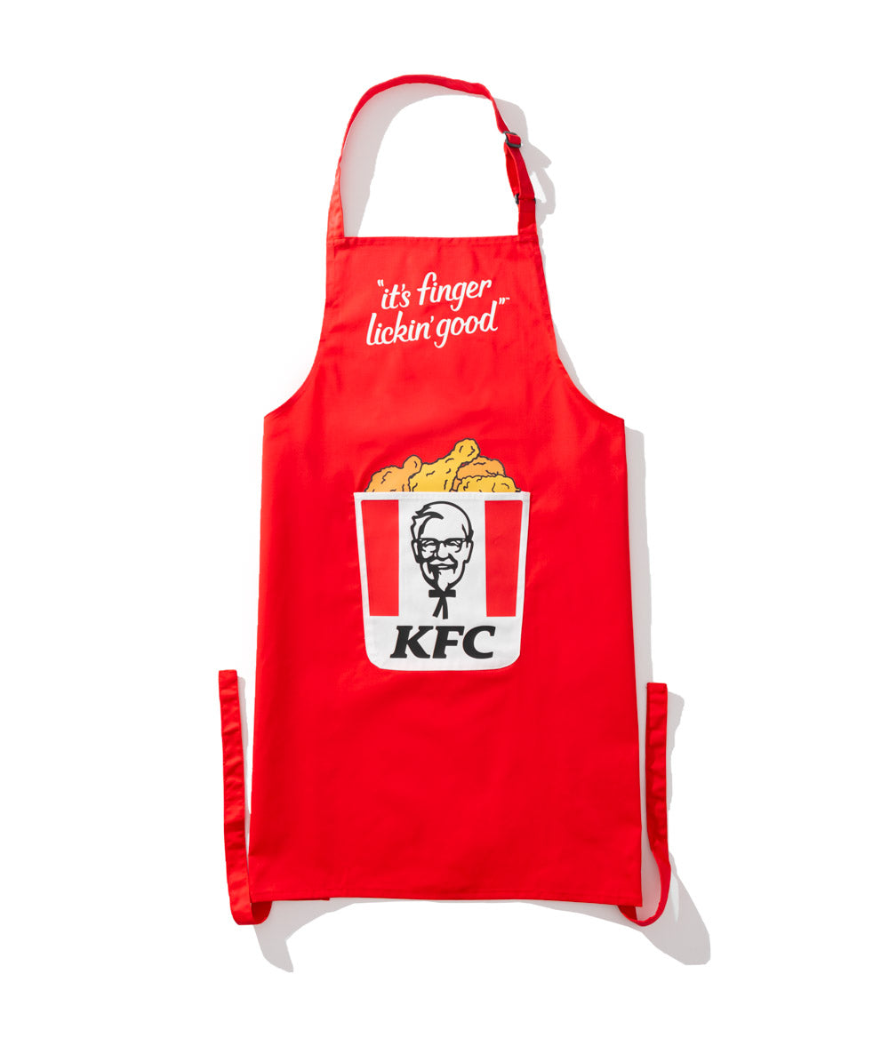 red KFC cooking apron with bucket and it's finger lickin good logo