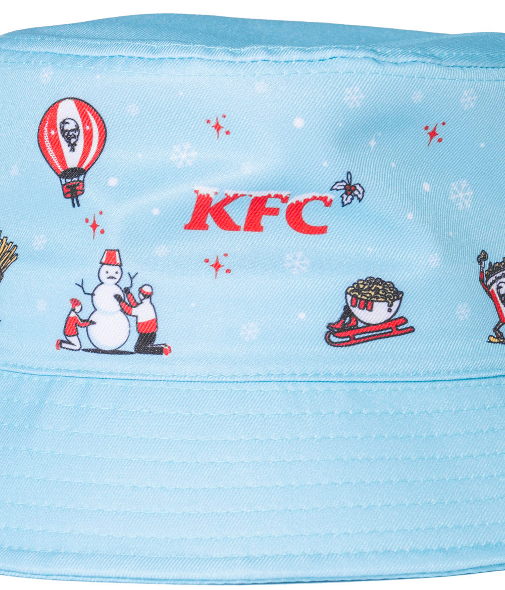 close up of festive teal KFC christmas bucket hat