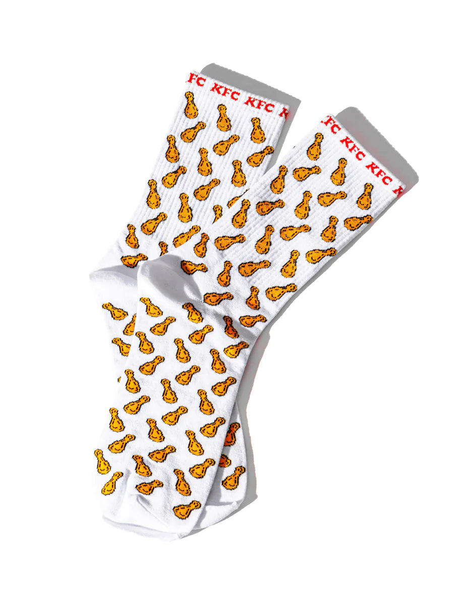 white socks with repeating chicken drumstick pattern