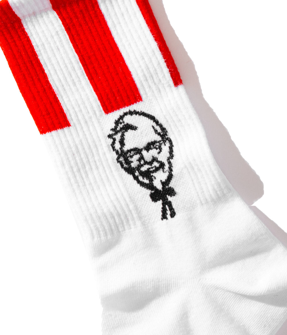 white KFC colonel sanders socks with red and wite striped trim