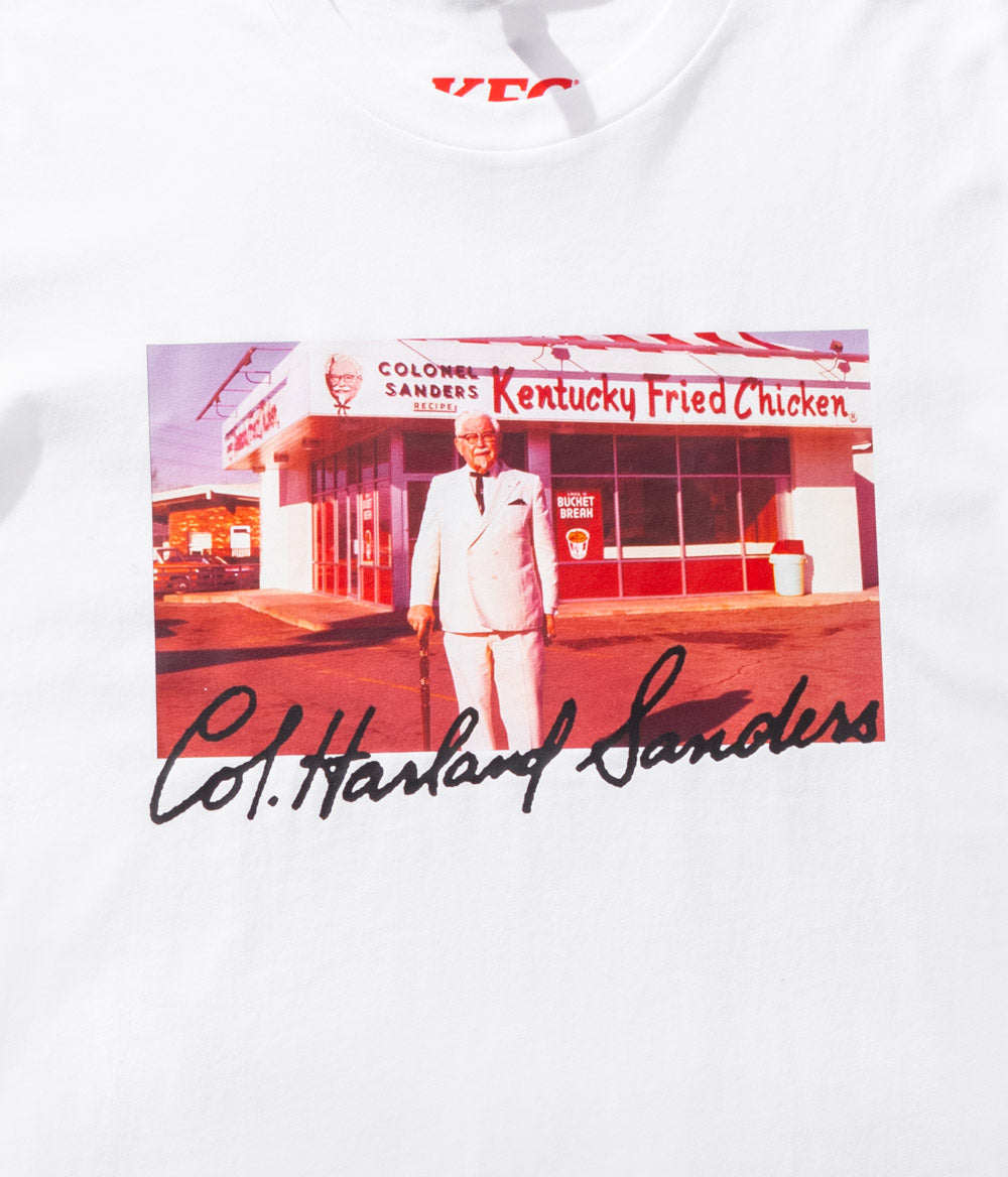 close up white branded KFC colonel sanders image tee shirt