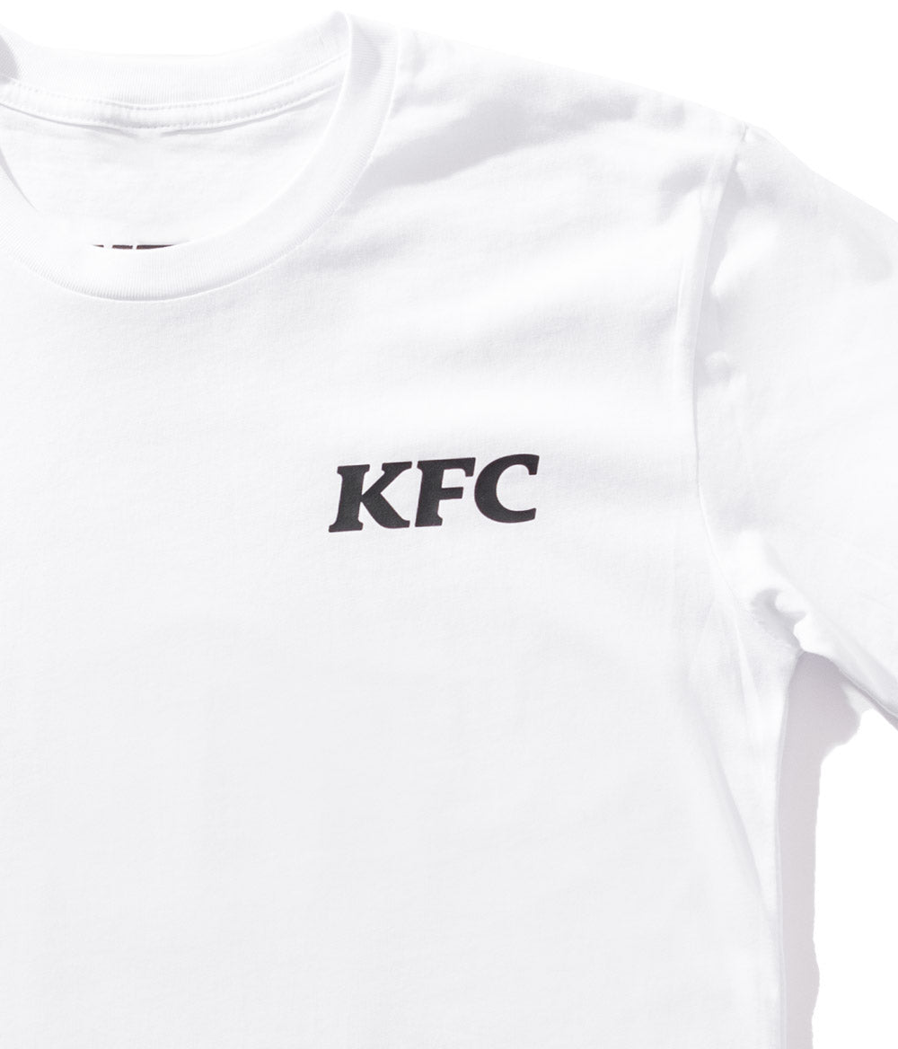 close up of white branded KFC tee shirt with black logo