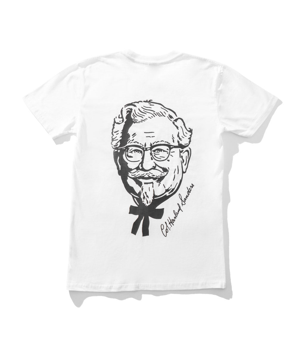 back of white branded KFC tee shirt with black colonel sanders image