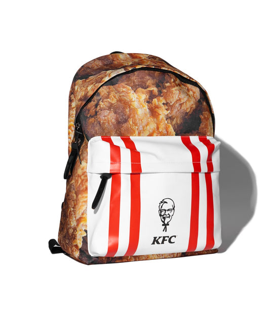 KFC backpack with red and white striped zip pocket